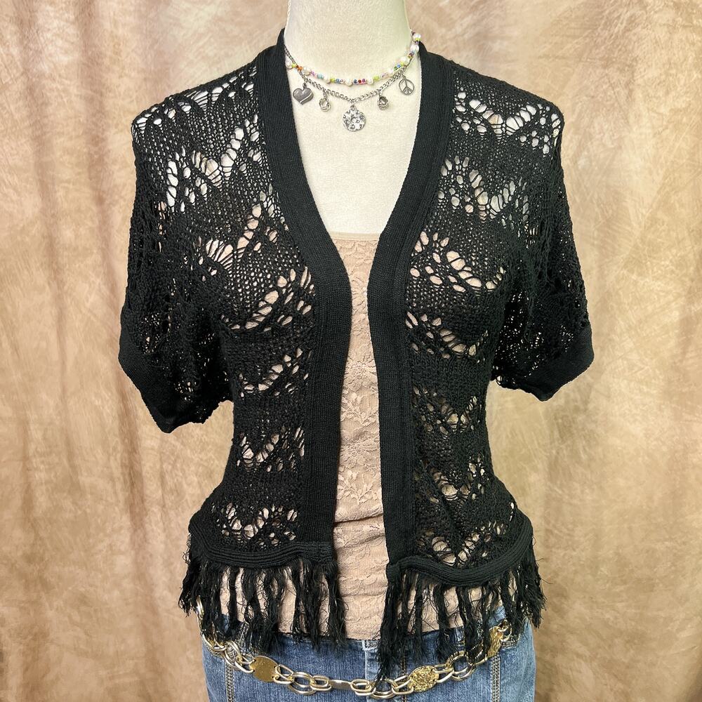 Bongo Crochet Fringe Cardigan Sweater Short Sleeve Black Open Front Boho Indie